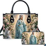 Front view of Our Lady of the Rosary handbag and matching wallet set with praying angels and rose arbor