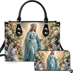 Front view of Our Lady of the Rosary handbag and matching wallet set with praying angels and rose arbor