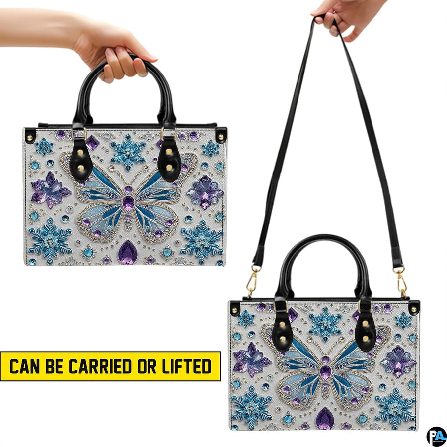 Matching butterfly wallet lying flat displaying the coordinating frozen crystal butterfly motif.