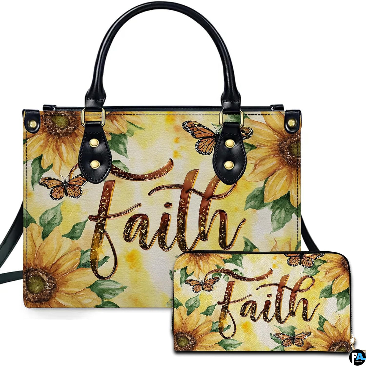 Golden sunflower monarch butterfly handbag and matching wallet set with flowing script lettering.