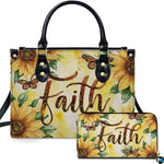 Golden sunflower monarch butterfly handbag and matching wallet set with flowing script lettering.