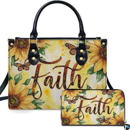 Golden sunflower monarch butterfly handbag and matching wallet set with flowing script lettering.