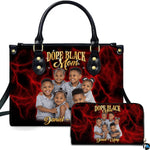 Crimson lightning portrait handbag and matching zip wallet shown against studio background with electric details.