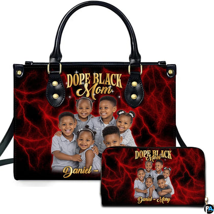 Crimson lightning portrait handbag and matching zip wallet shown against studio background with electric details.