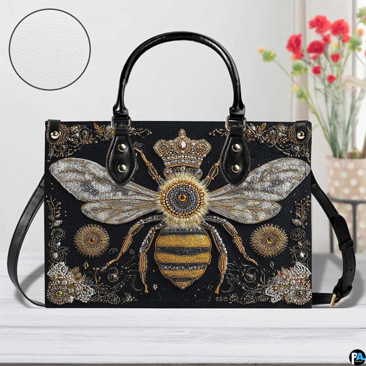 Matching bee wallet lying flat displaying the coordinating crowned queen bee artwork.