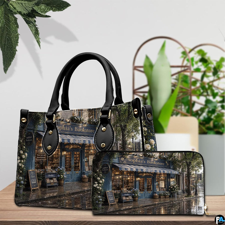 Lifestyle scale display presenting the relative proportions of the rainy storefront handbag and wallet set.