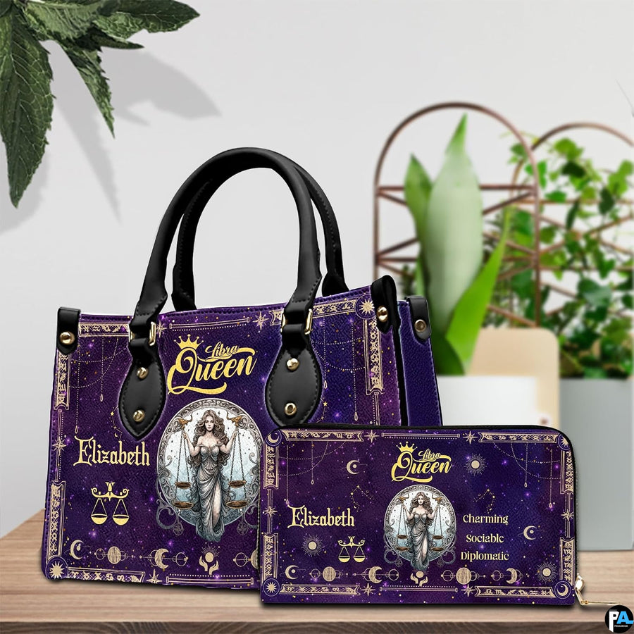 Celestial Scales Satchel Handbag and companion continental wallet displayed beside indoor plant.
