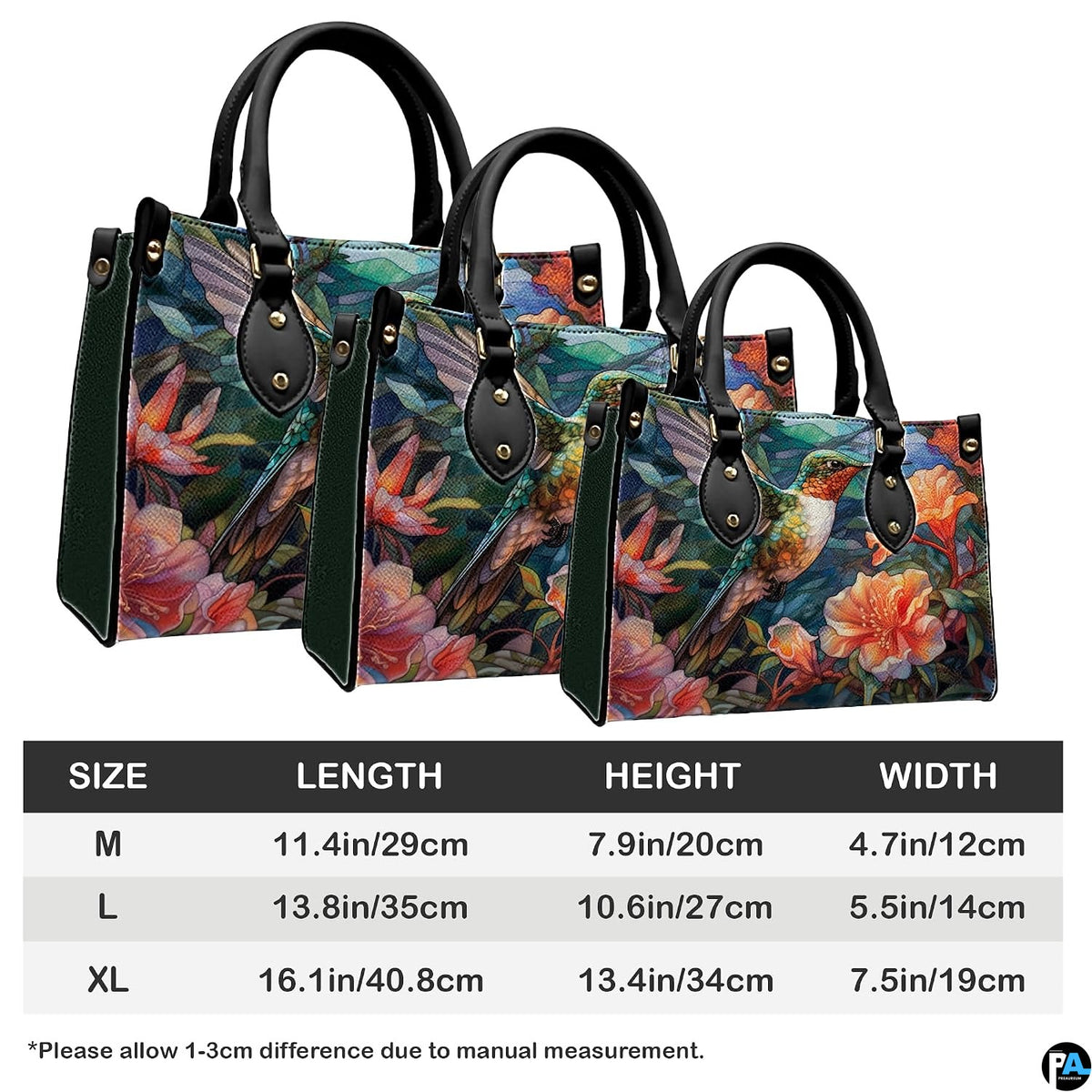 Three sizes of handbag shown in graduated display with length, height, and width dimension chart.