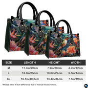 Three sizes of handbag shown in graduated display with length, height, and width dimension chart.