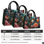 Three sizes of handbag shown in graduated display with length, height, and width dimension chart.