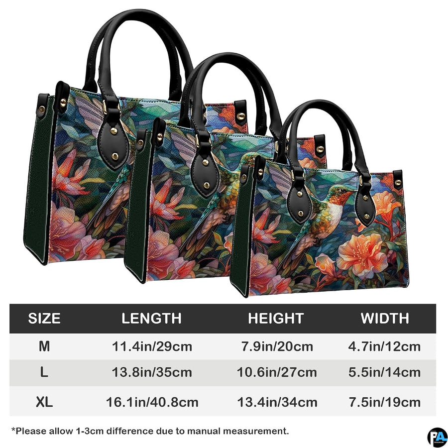Three sizes of handbag shown in graduated display with length, height, and width dimension chart.