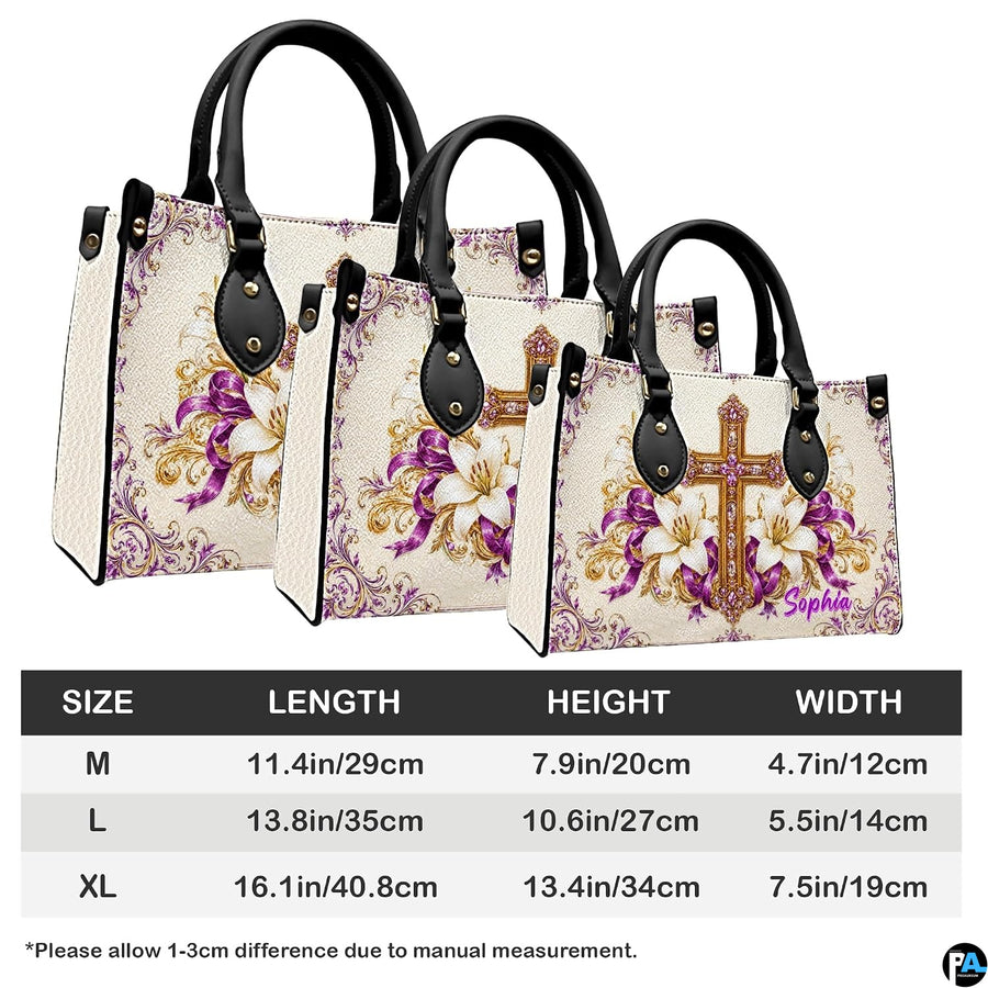 Proportions graphic displaying size variations for the jeweled cross floral handbag.