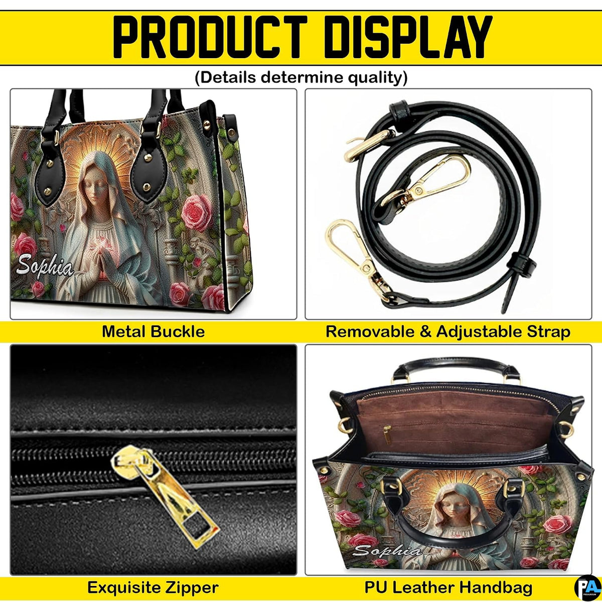 Full frontal perspective of matching Virgin Mary cathedral arch handbag and wallet