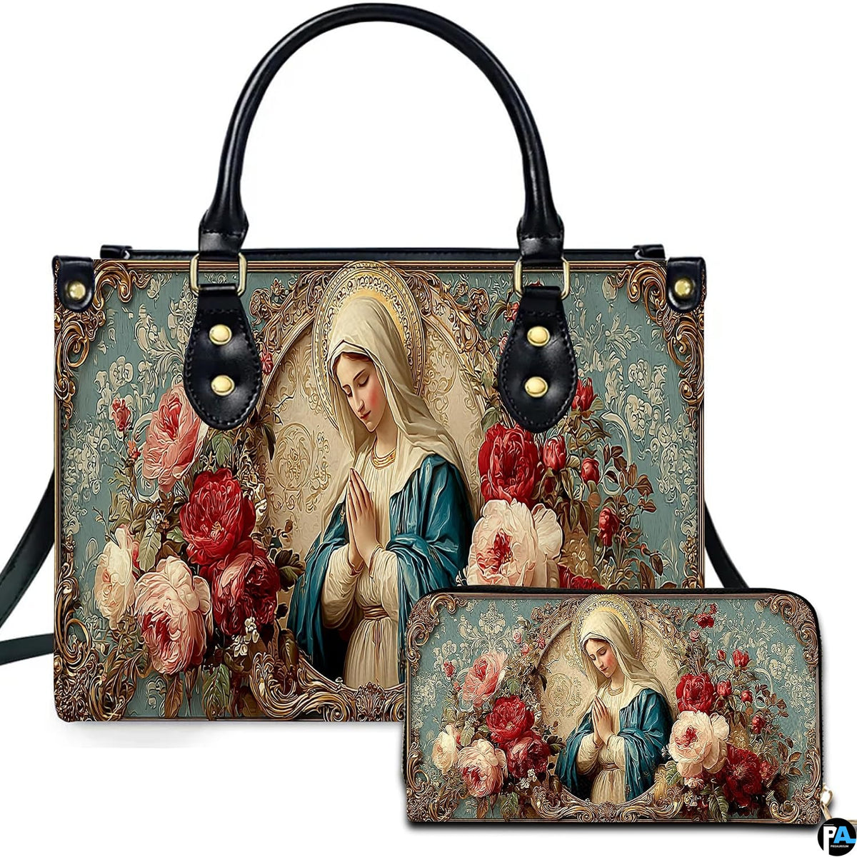 Front view of Virgin Mary rose handbag and matching zippered wallet with blooming floral frame.