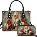 Front view of Virgin Mary rose handbag and matching zippered wallet with blooming floral frame.