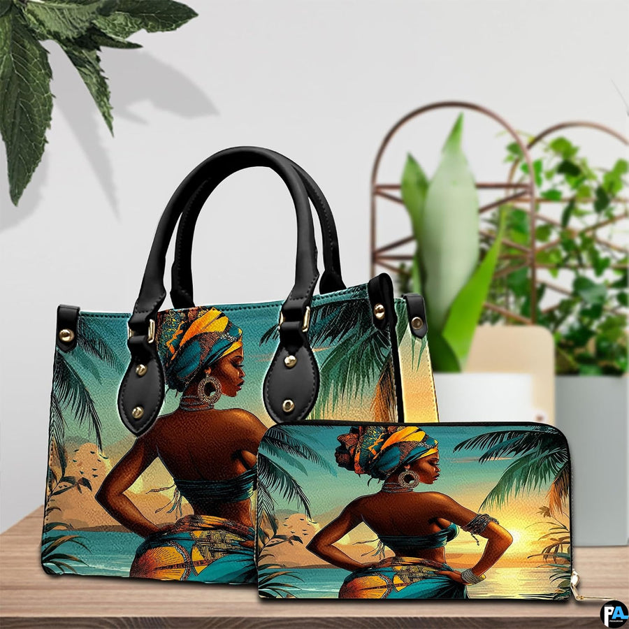 Tabletop scene presenting matching accessories featuring the sunset artwork beside potted greenery.