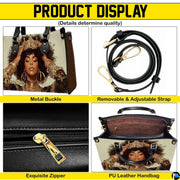 Detail collage of crowned afro portrait handbag with black trim and gold-toned accents