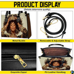 Detail collage of crowned afro portrait handbag with black trim and gold-toned accents
