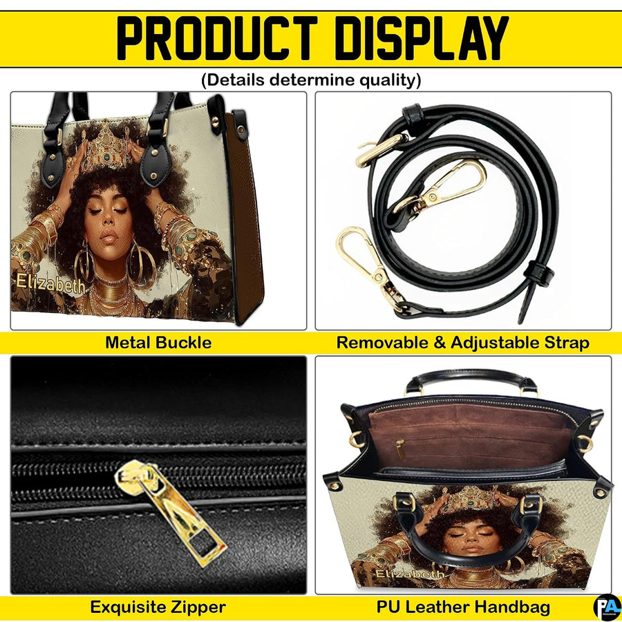 Detail collage of crowned afro portrait handbag with black trim and gold-toned accents