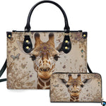 Champagne jeweled giraffe handbag and matching zip wallet shown against studio background with tiara artwork.