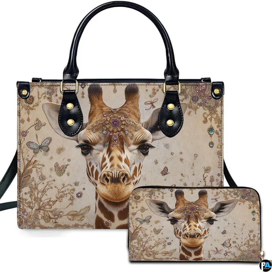 Champagne jeweled giraffe handbag and matching zip wallet shown against studio background with tiara artwork.