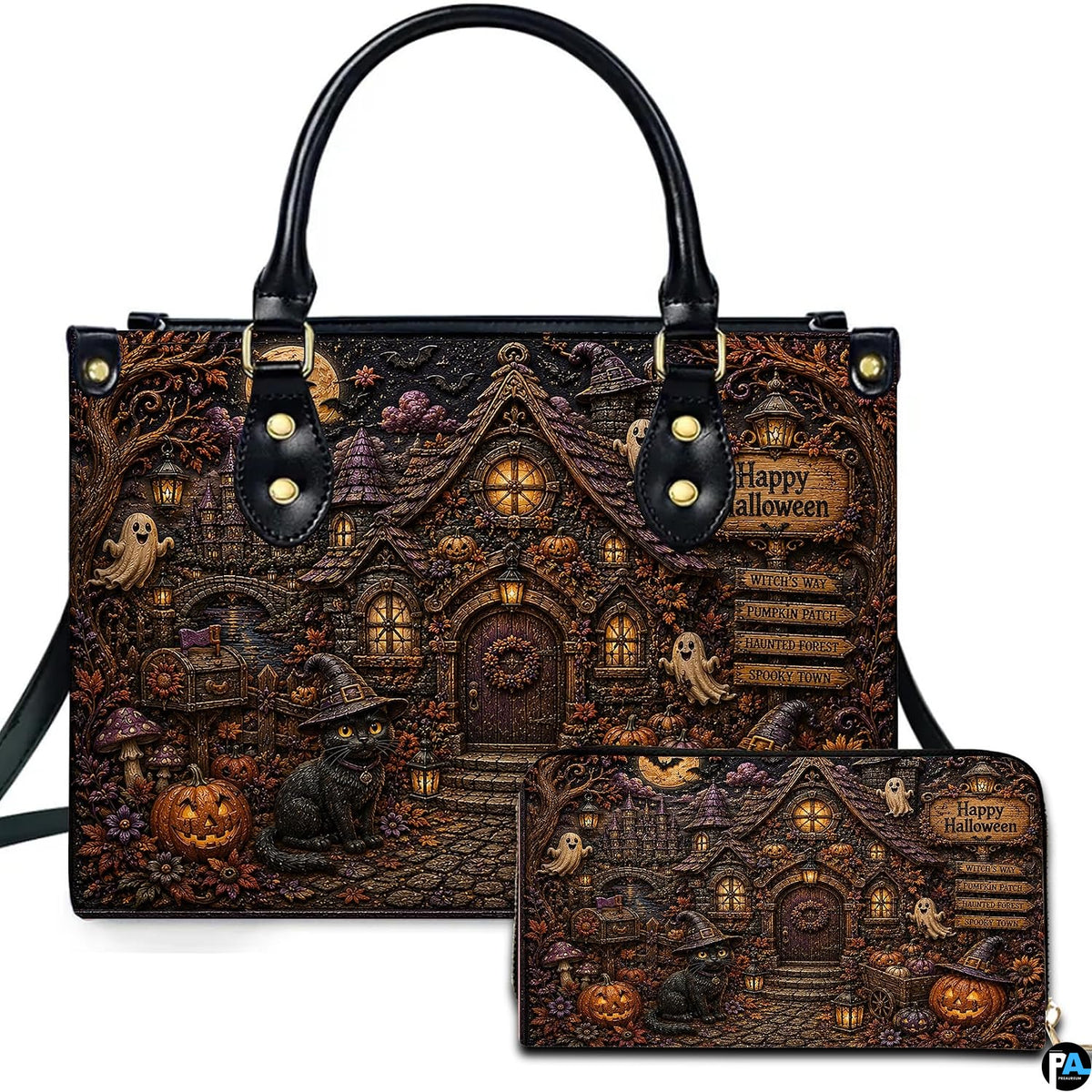 Fairy cottage art portraying an illuminated storybook dwelling presented across an accessory pairing.