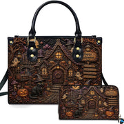 Fairy cottage art portraying an illuminated storybook dwelling presented across an accessory pairing.