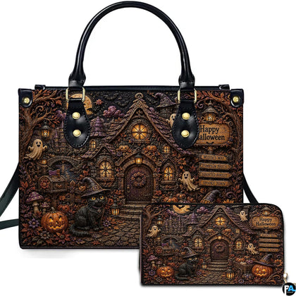 Fairy cottage art portraying an illuminated storybook dwelling presented across an accessory pairing.