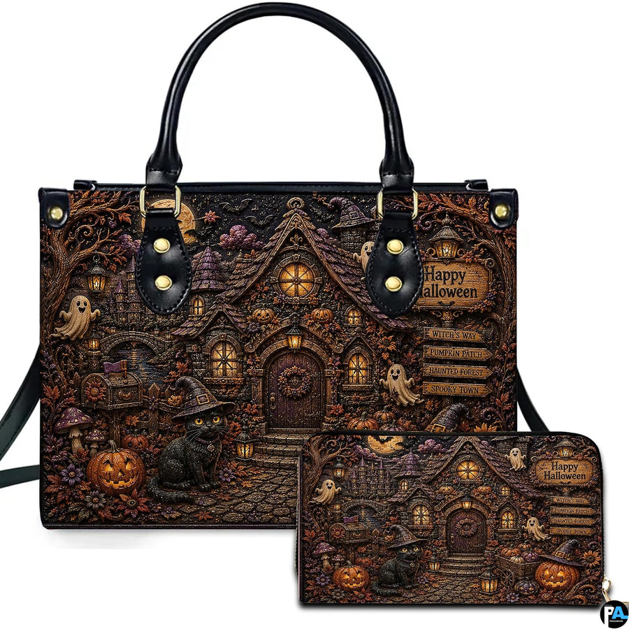 Fairy cottage art portraying an illuminated storybook dwelling presented across an accessory pairing.