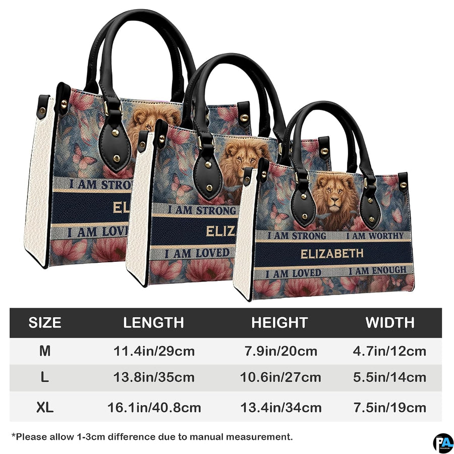 Measurement guide illustration presenting dimensional proportions for three handbag choices.