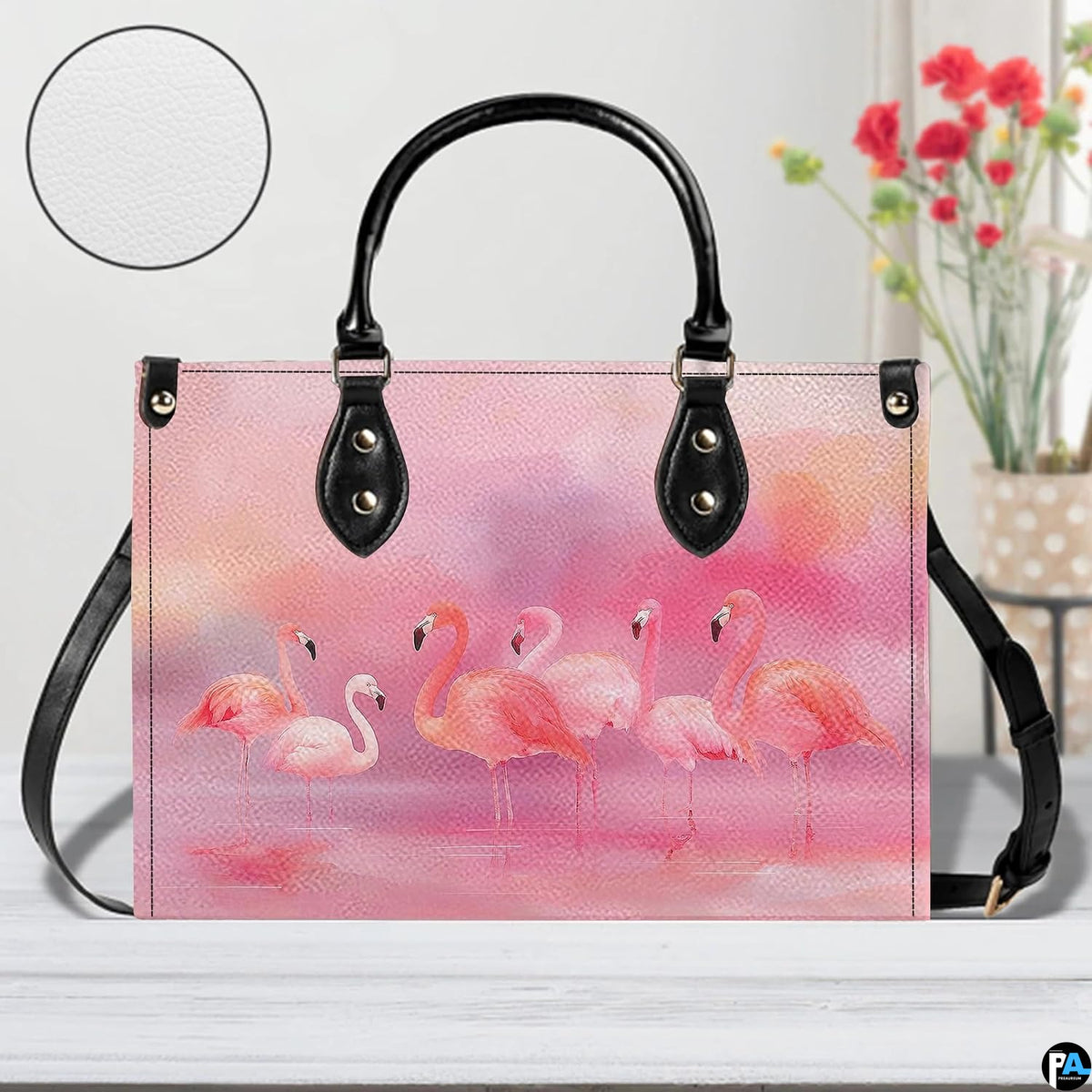 Street perspective of the pastel watercolor flamingo flock shoulder bag.