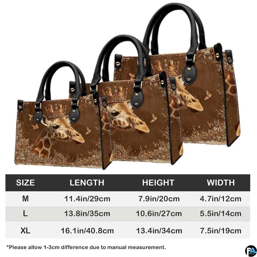 Coordinated arrangement of handbag and wallet displaying the matching giraffe artwork.