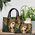 Matching handbag and zippered wallet set displayed together with mosaic art.