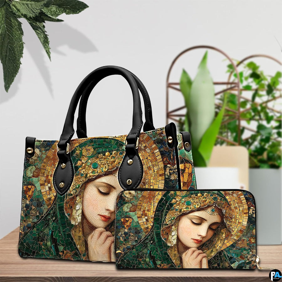 Matching handbag and zippered wallet set displayed together with mosaic art.