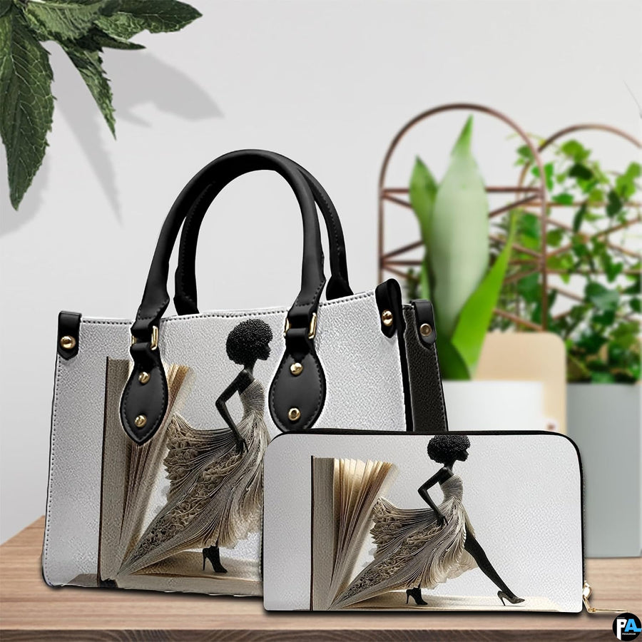 Book page dress handbag and wallet with monochrome fashion artwork