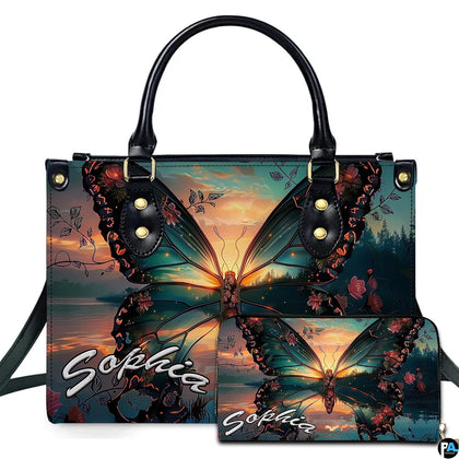 Sunset lake butterfly landscape handbag and matching wallet set