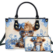 Illustrated baby Scottish calf wearing blue spectacles and polka dot bow sipping iced drink amid blue roses