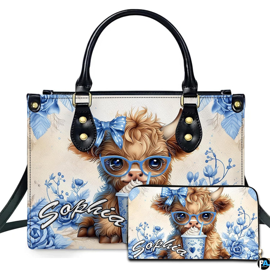 Illustrated baby Scottish calf wearing blue spectacles and polka dot bow sipping iced drink amid blue roses