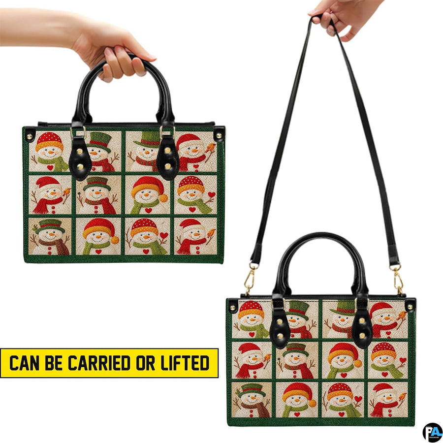 Demonstration of handbag carried by dual black top handles and worn over the shoulder using long strap.