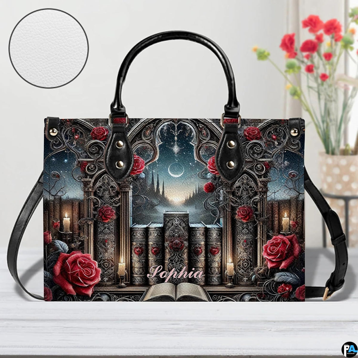 Front view of gothic cathedral handbag on white tabletop with circular textured exterior swatch.