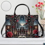 Front view of gothic cathedral handbag on white tabletop with circular textured exterior swatch.