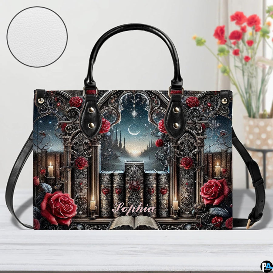 Front view of gothic cathedral handbag on white tabletop with circular textured exterior swatch.