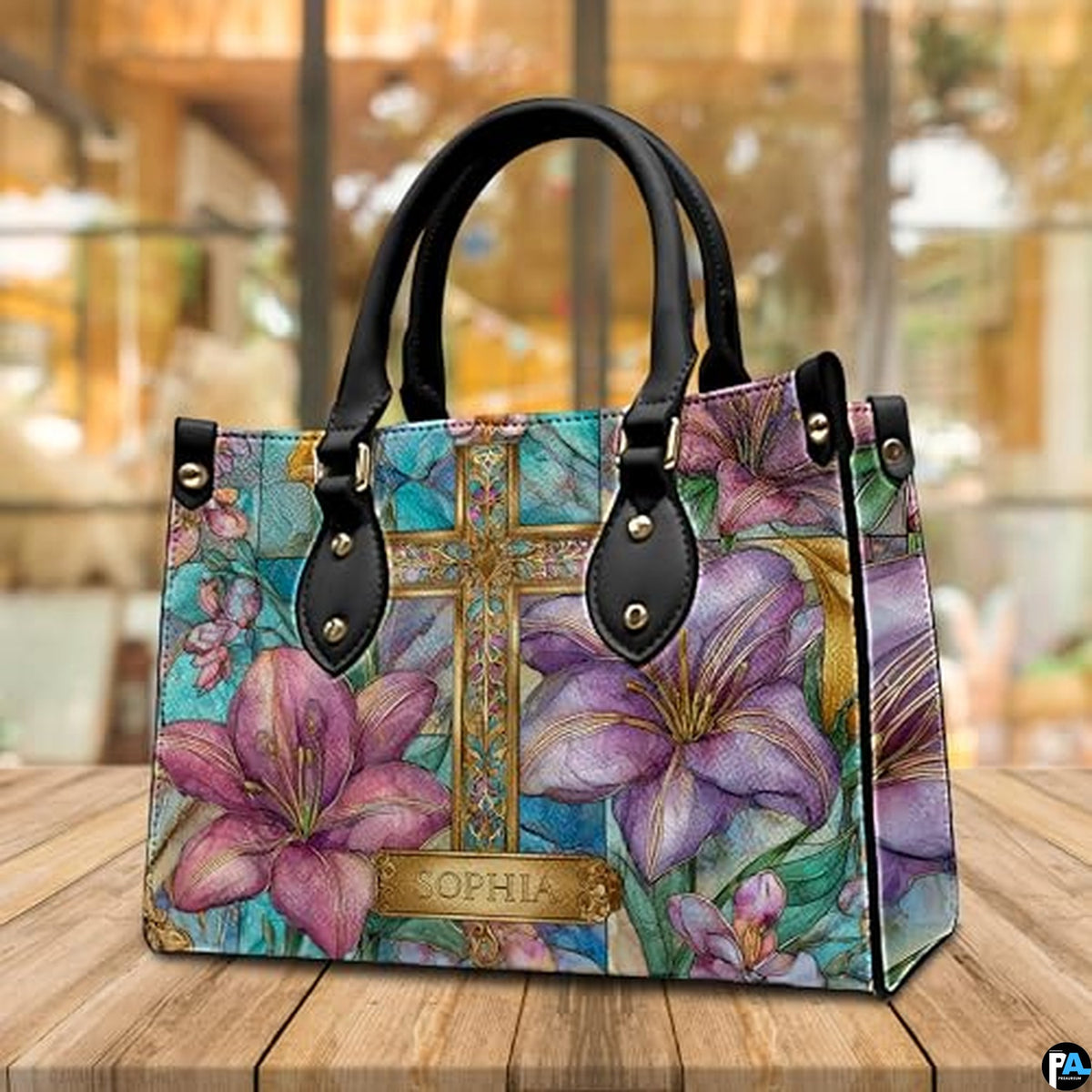Custom Stained Glass Lilies Cross Handbag for Christian Women Gift