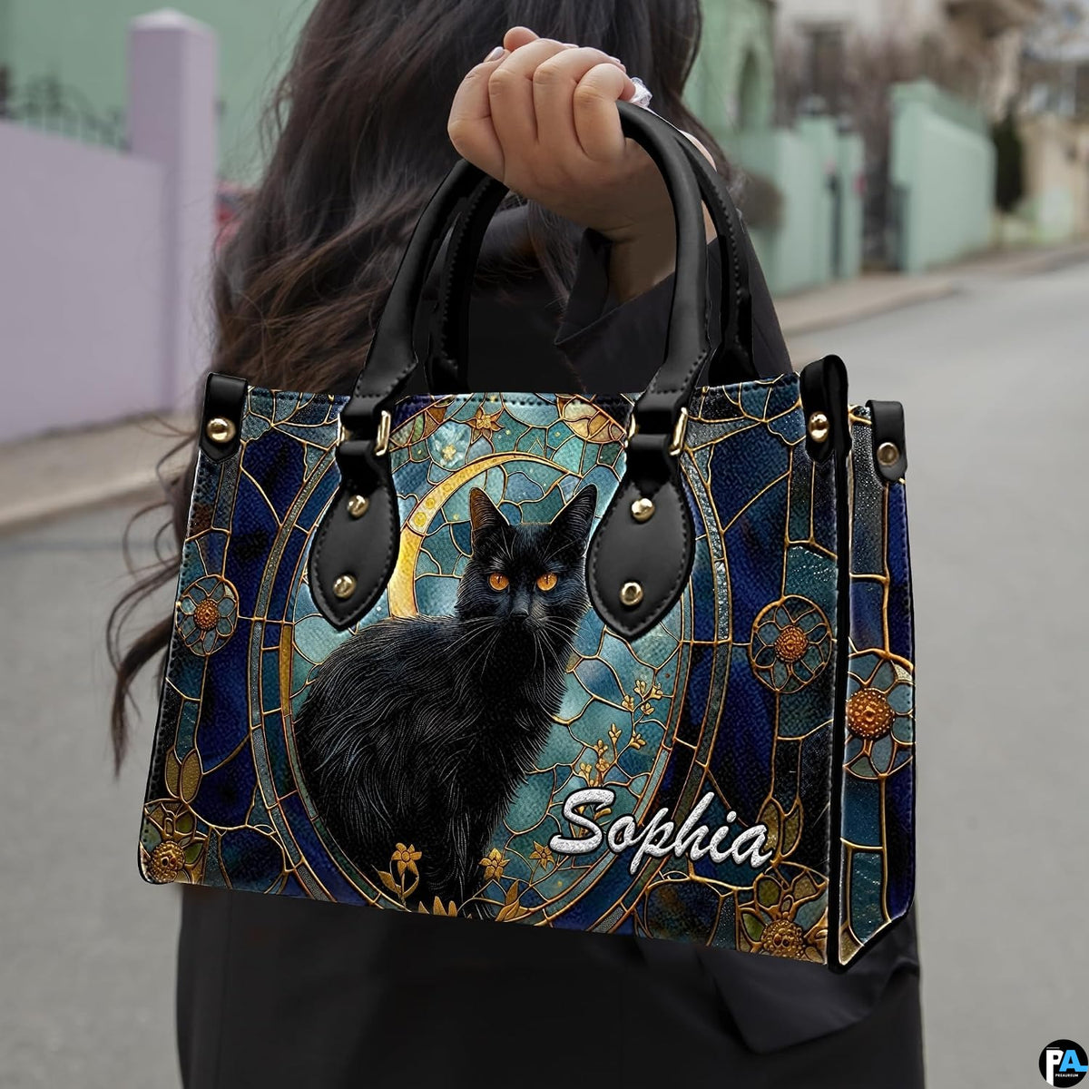 Outdoor model showcasing gothic stained glass black cat and moon mosaic artwork.