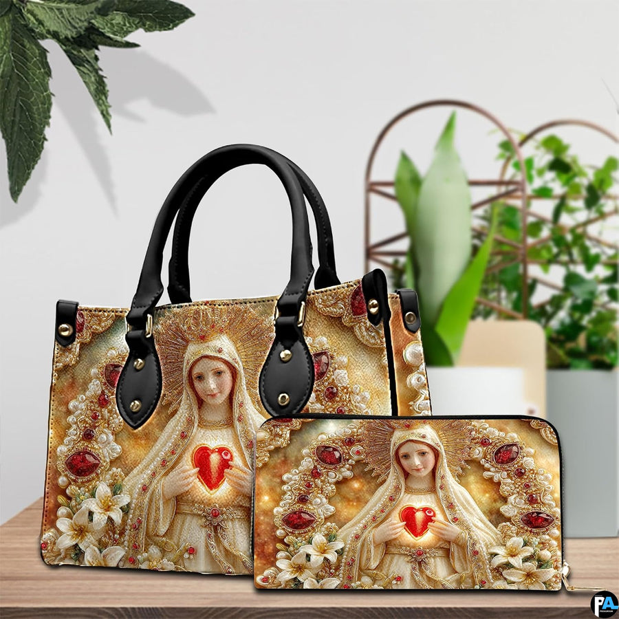 Matching handbag and zippered wallet set displayed together with Fatima artwork.