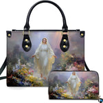 Our Lady of Grace wildflower meadow artwork printed on matching handbag and wallet set.