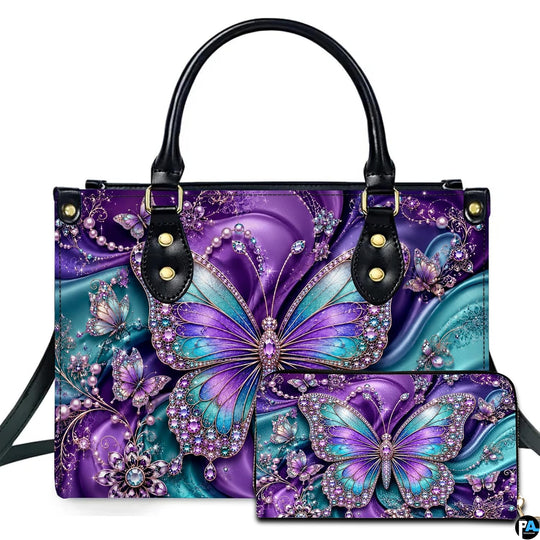 Studio presentation showing purple and teal butterfly artwork alongside matching companion accessory on white surface.