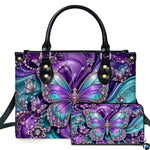 Studio presentation showing purple and teal butterfly artwork alongside matching companion accessory on white surface.