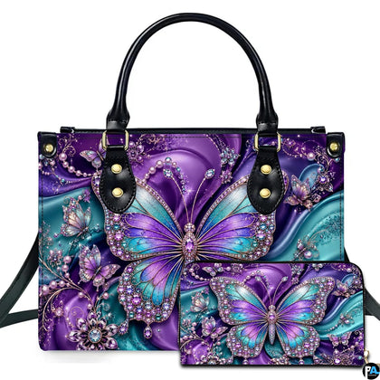 Studio presentation showing purple and teal butterfly artwork alongside matching companion accessory on white surface.