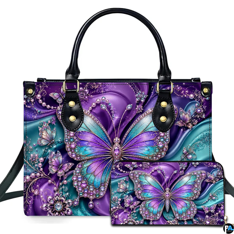 Studio presentation showing purple and teal butterfly artwork alongside matching companion accessory on white surface.